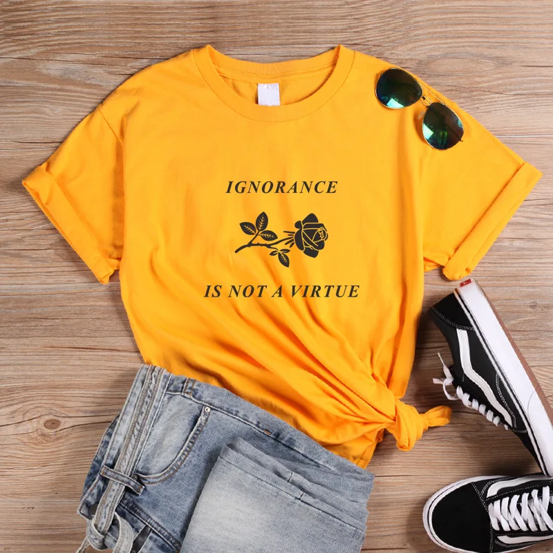 

100% Cotton Women T Shirt IGNORANCE Rose Printed Tshirt Ladies Short Sleeve Tee Shirt Women Female Tops Clothes Camisetas Mujer