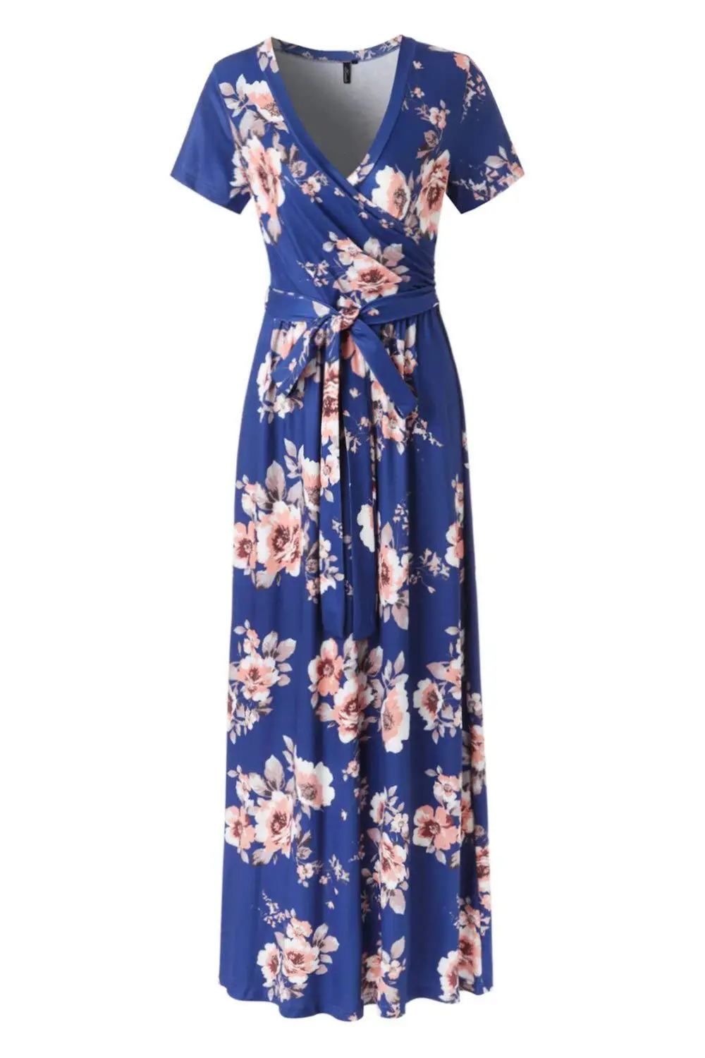 

New Fashion Spring Summer V Neck Flower Print Short Sleeve Dress Women Beach Holiday Long Dress