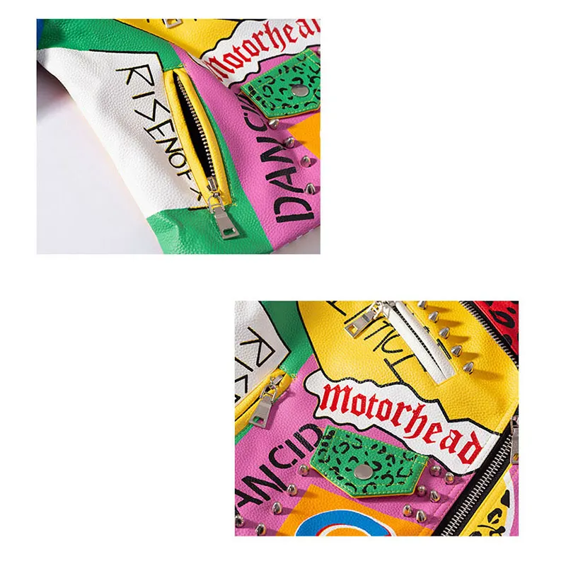 

Women Colorful Graffiti Leather Jacketpunk Rock Rivet Unique Motorcycle Coats and Jackets Letters Printing