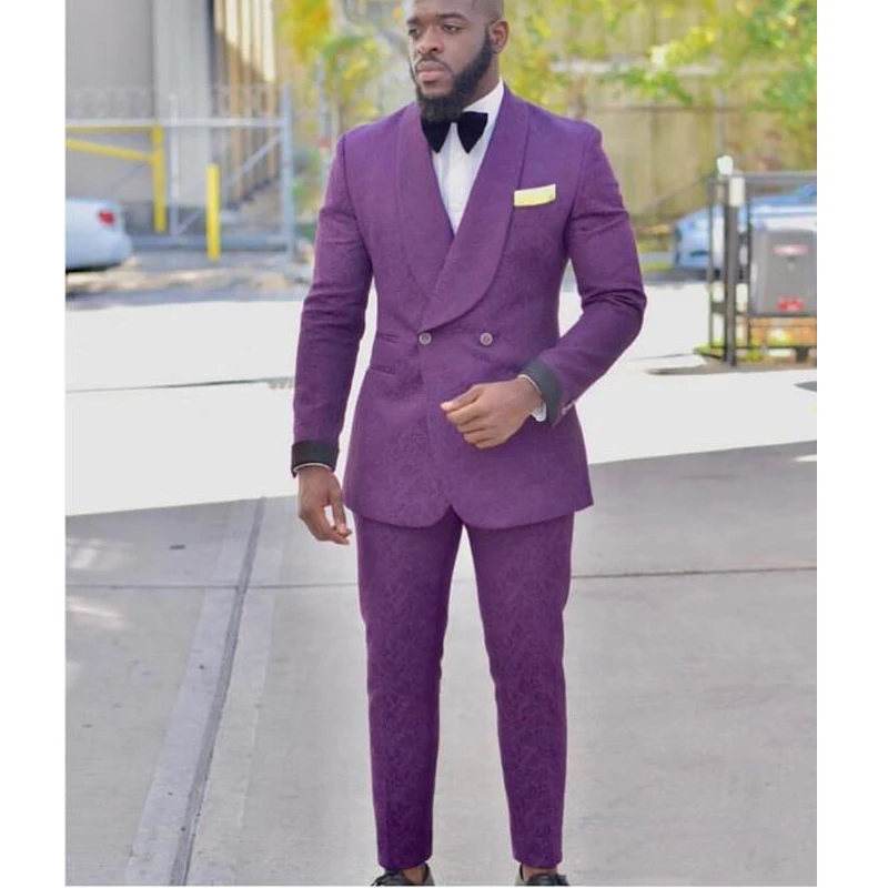 

New Arrival Mens Suits Purple 2020 Jacquard Groom Tuxedos Shawl Lapel Double Breasted Men Suits Wedding suits ( jacket+Pants)