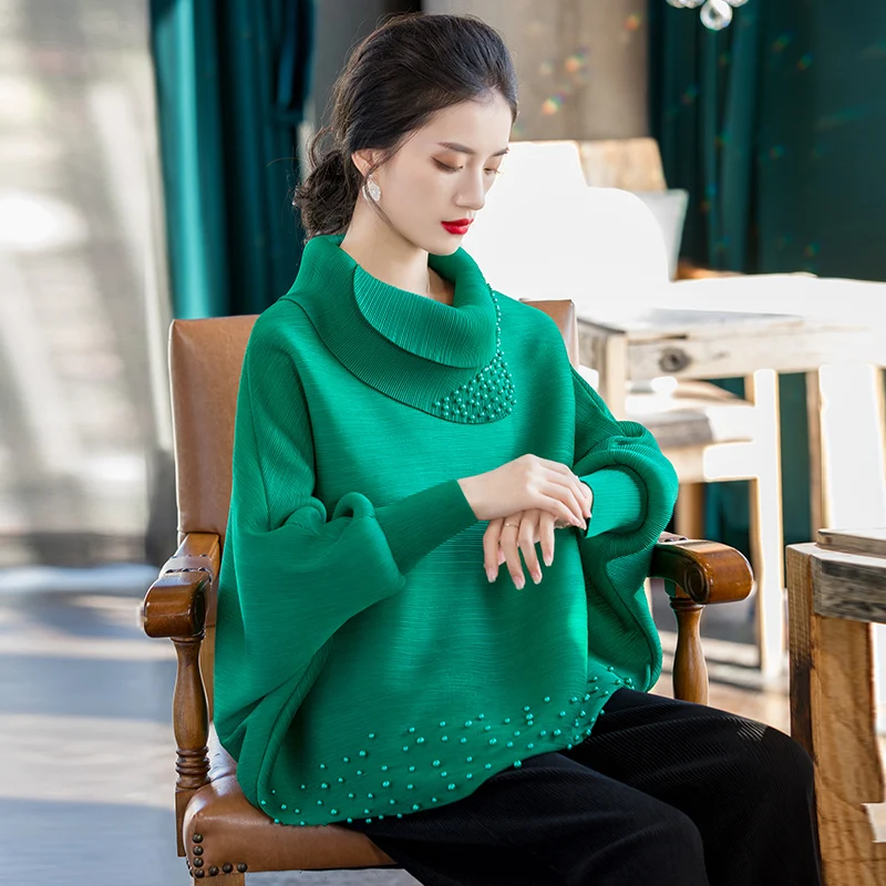 

Женская футболка с рукавом «летучая мышь», однотонная эластичная плиссированная свободная футболка миаке с длинным рукавом и бисером, весн...