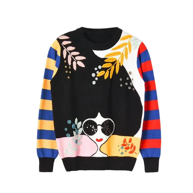 Женский трикотажный свитер с вышивкой теплый Повседневный пуловер блестками