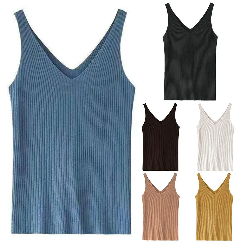 

Женский однотонный ребристый Топ без рукавов с v-образным вырезом, вязаный жилет