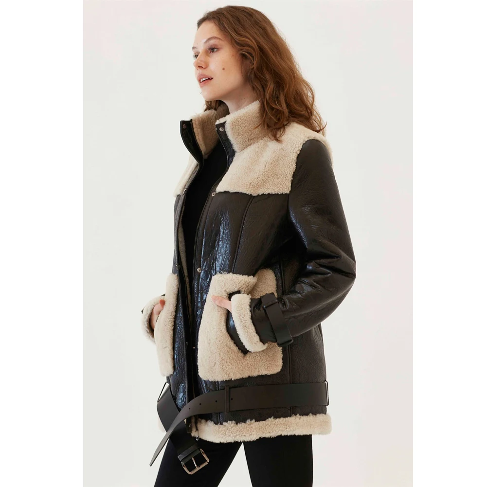 Womens Chestnut Shearling Jacket Turkey Wool Coat Casual Leather Jacket Long Fur Coat Trench Coat Women
