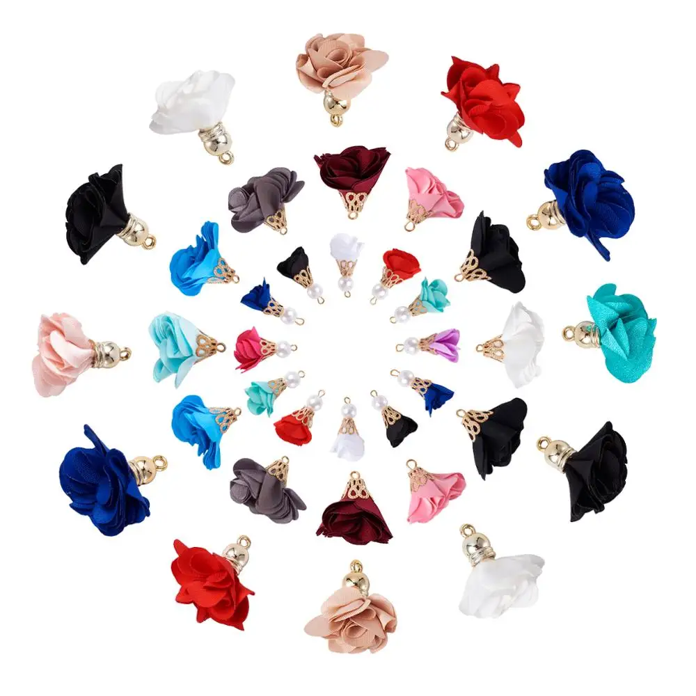 

84pcs/set Mixed Color Flower Cloth Pendant Decorations with Acrylic Findings & ABS Plastic Imitation Pearl Accessories