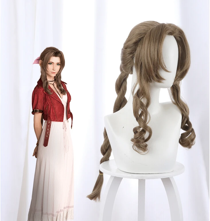 Final Fantasy VII Aerith Gainsborough Cosplay Wigs Braided Ponytail Hair Women Brown 80cm Wigs Halloween Cosplay Party Prop