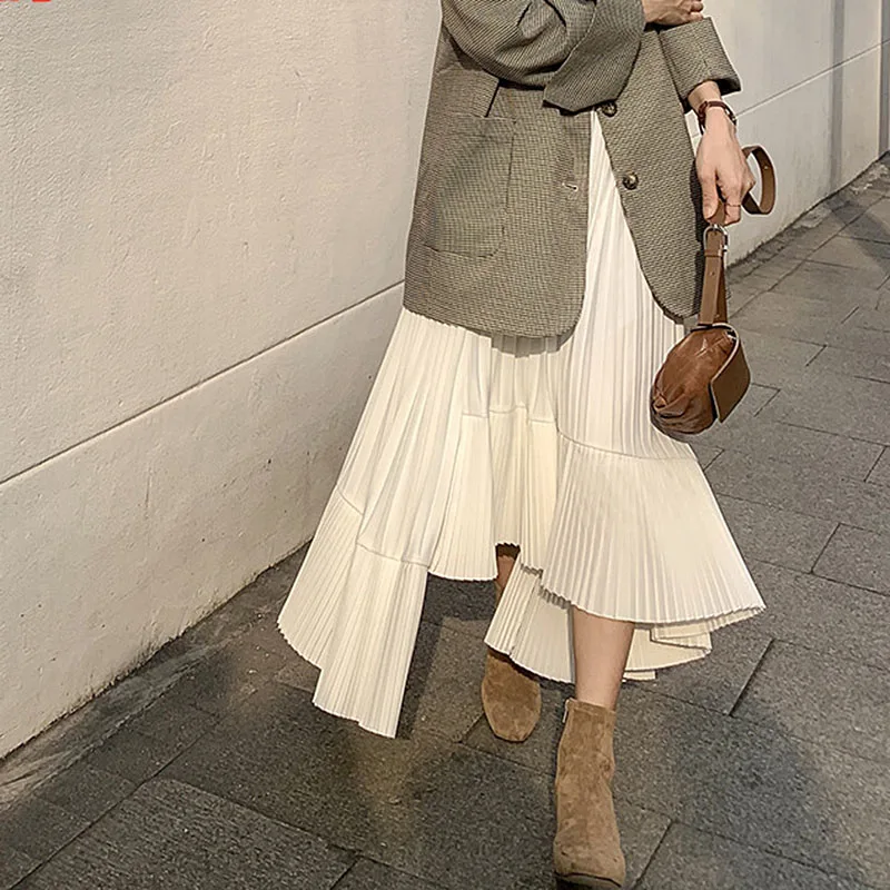 

Женская длинная юбка с высокой талией, черно-белая Плиссированная Юбка-миди нестандартного кроя с высокой талией в винтажном Корейском стиле