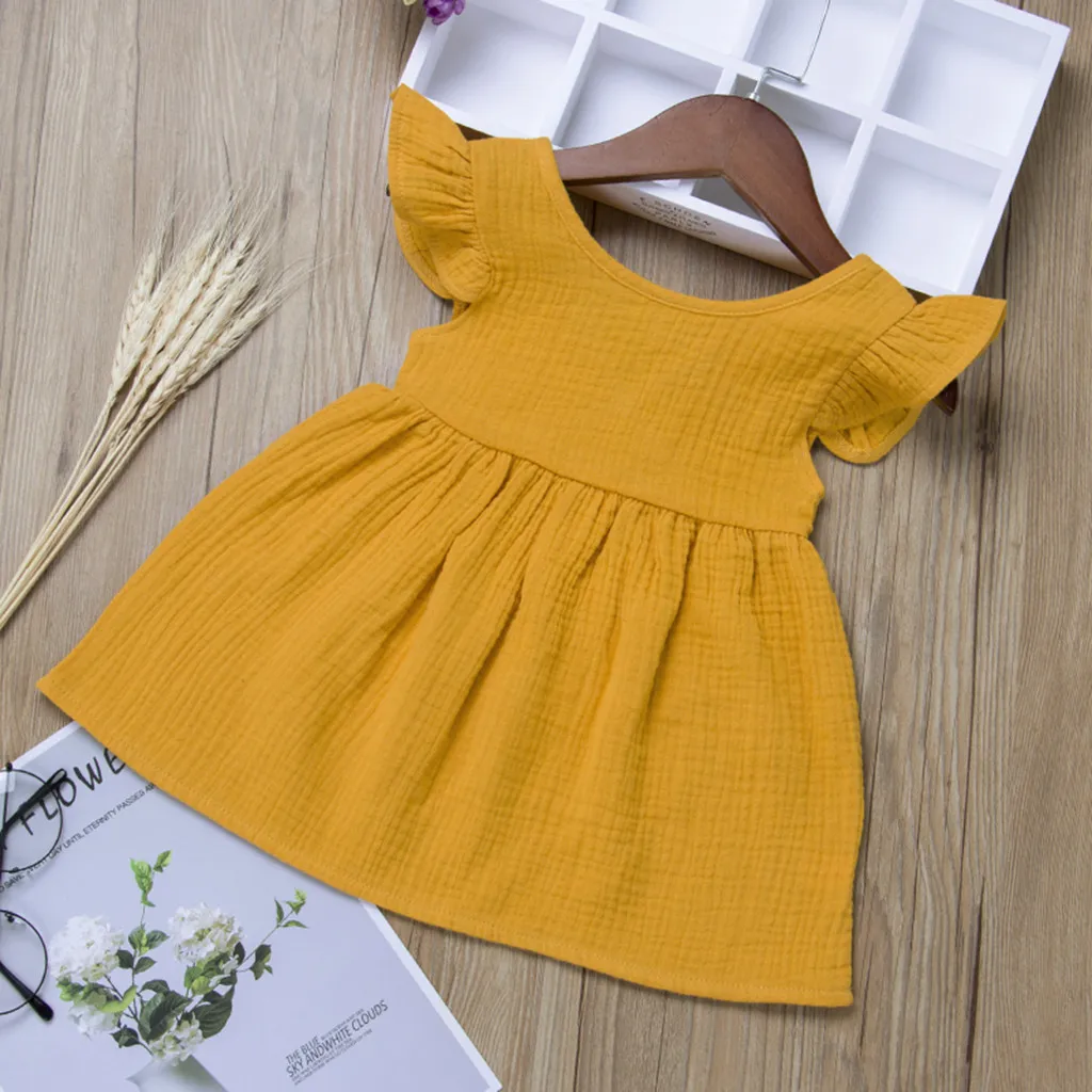Летнее однотонное платье с рукавами-крылышками для маленьких девочек Детские