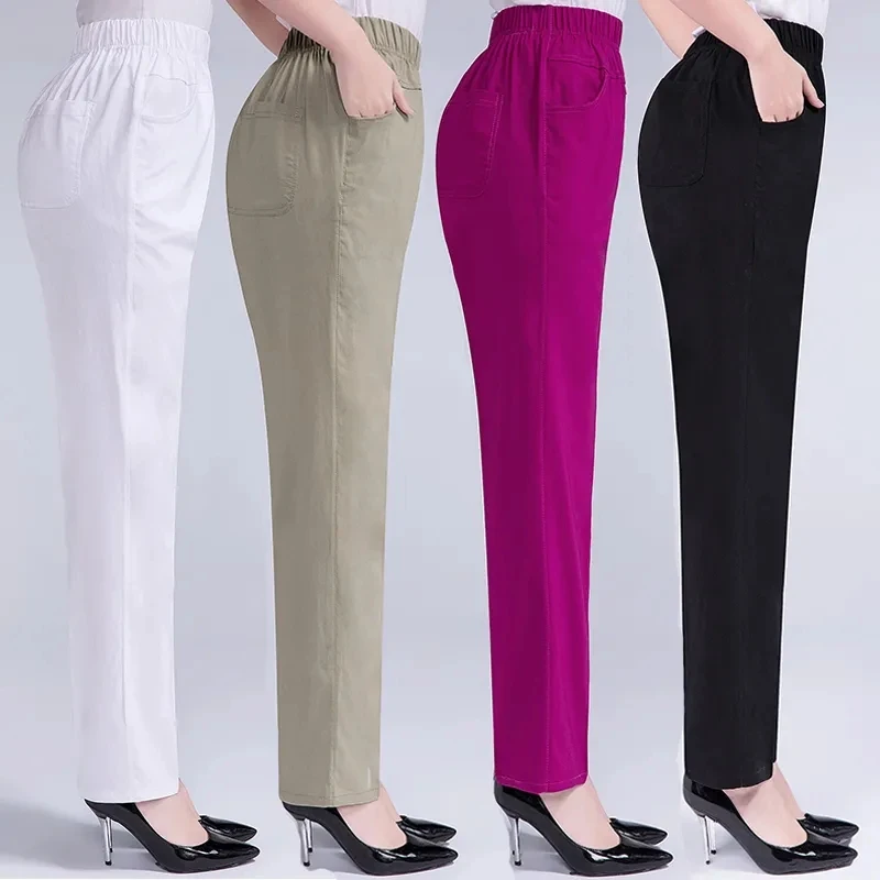 5XL 6XL 7XL Summer Women Trousers New Elastic High Waist White Straight Pants Middle-aged and Older Female Casual Long | Женская одежда