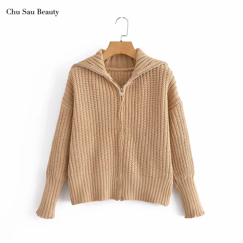 

Autumn And Winter Thick Wool Lapel Knit Cardigan Chic Lapel Zipper Short Cardigan TopFashion Thick Sweater For Outer Wear