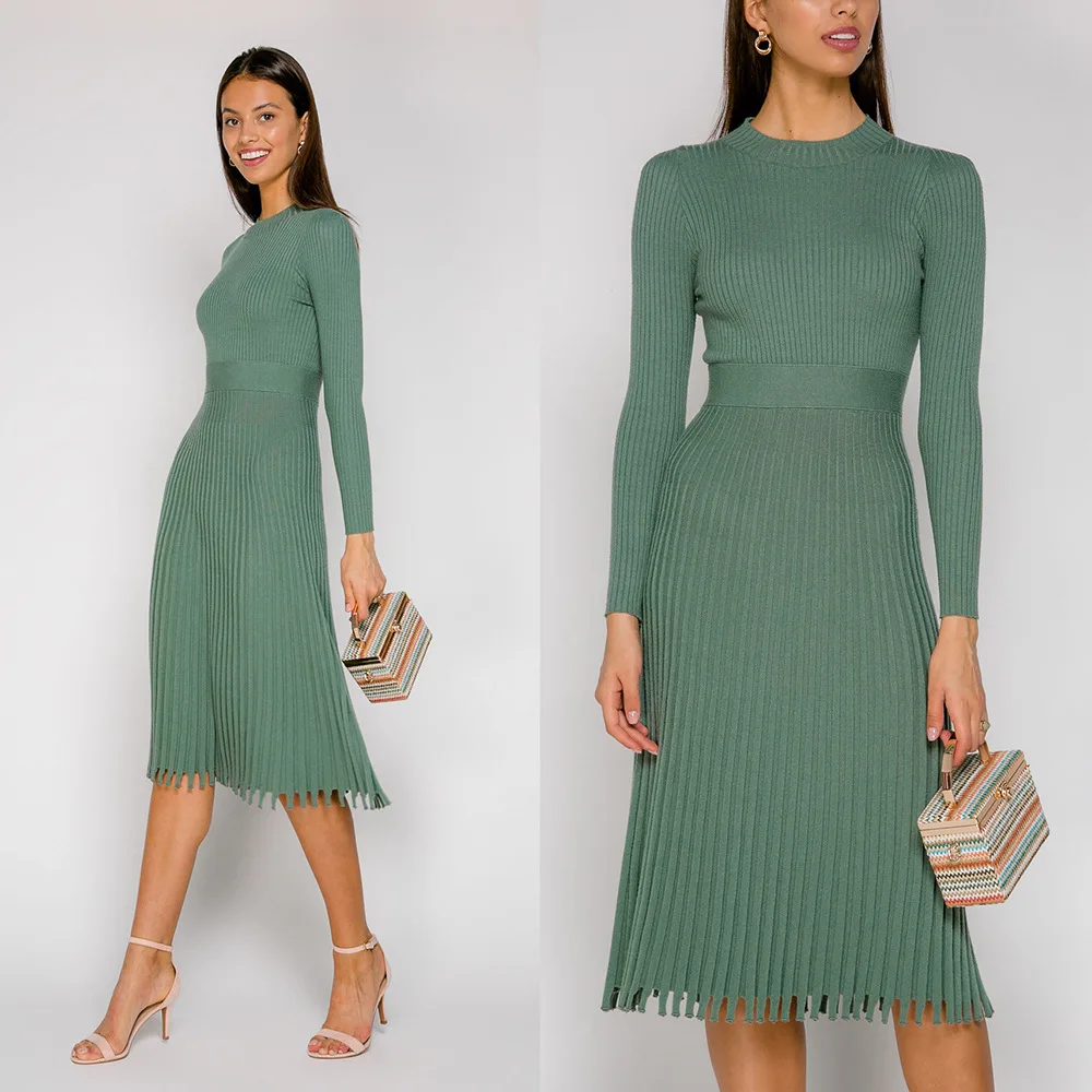 

2021 Autumn And Winter New Fashion Women's Mid-Length Sweater Knitted Solid Color Pleated Dress Office Lady High Waist Dresses