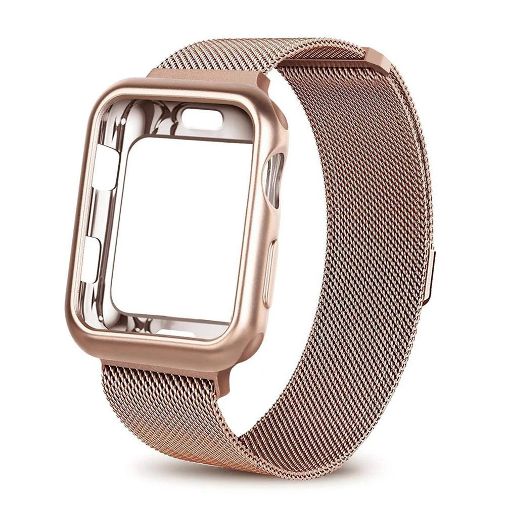 rose gold Чехол+ ремешок для часов Apple Watch 42 мм 38 мм Миланская петля браслет из нержавеющей стали для Apple Watch 40 мм 44 мм серия 5 4 3 2 - Цвет ремешка: rose gold