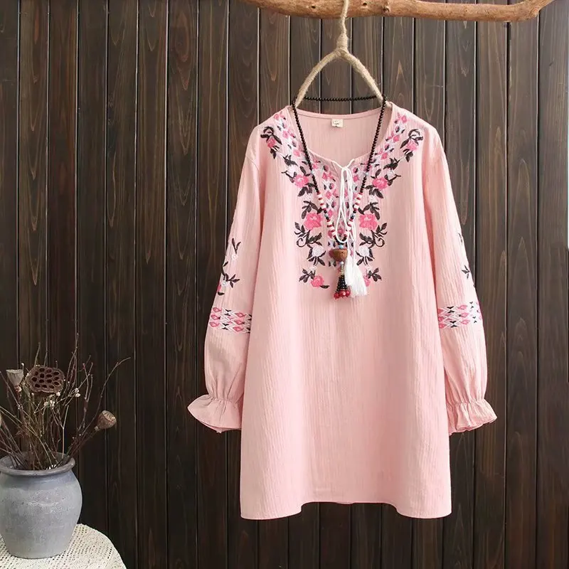 Размера плюс с вышивкой хлопок длинный рукав лепесток женская блузка 2021 Весенняя