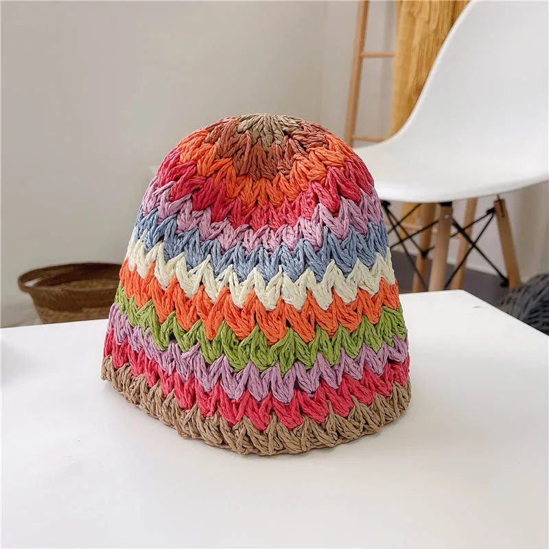 

2 Colors New Arrive Rainbow Bucket Hats Straw Weave Colorful High Quality Summer Beach Fisherman Hats For Children Kids