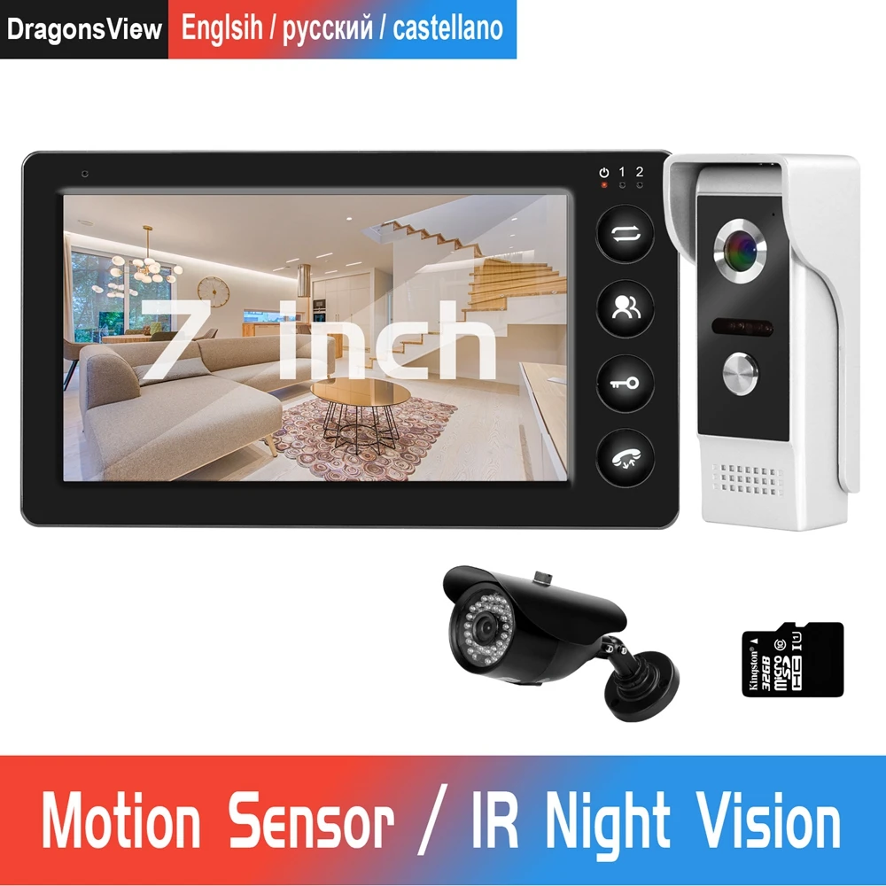7 дюймов проводной видеодомофон 1000TVL HD дверной звонок и ИК CCTV Камера вспомогательный датчик движения для домофон с видео связью безопасности Системы