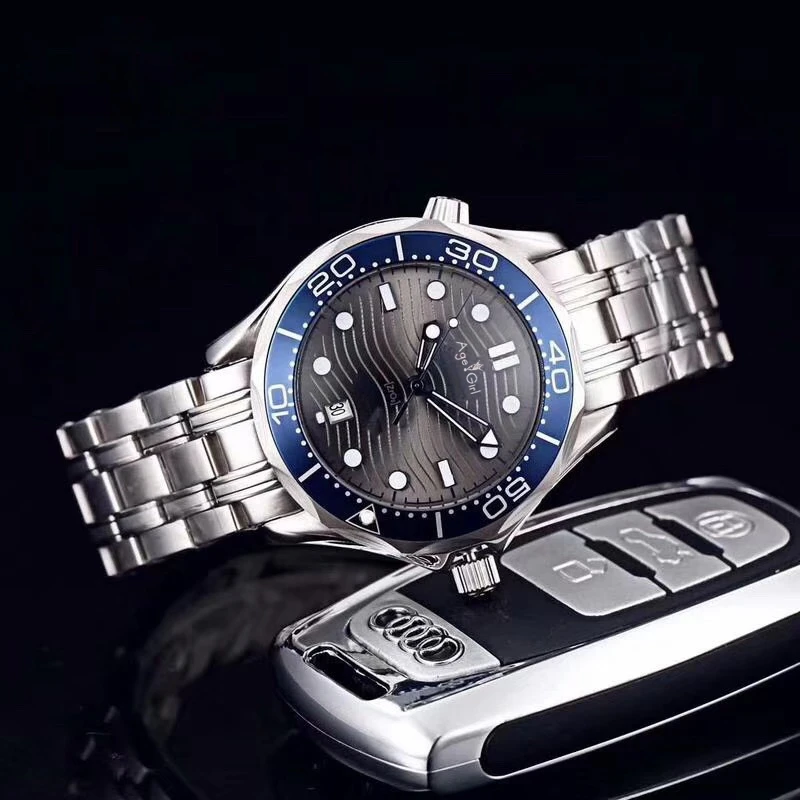 

Classic New Men Grey Automatic Mechanical Watch Black James Bond 007 Blue Ceramic Bezel Crystal Sapphire Sport Limited AAA+