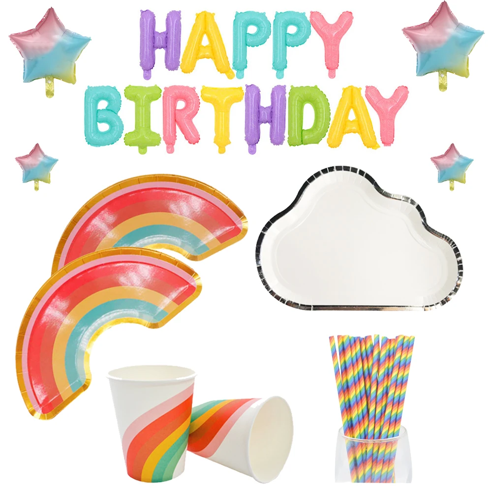 

Rainbow Plate Disposable Tableware Plate Cup Birthday party supplies For Kids Baby Shower Event Wedding ballons decoration