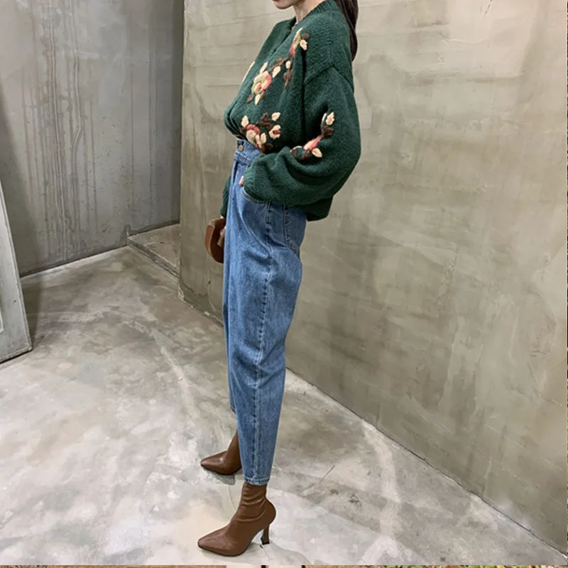 Модные джинсы с высокой талией женские шаровары свободные брюки осень 2021 уличная