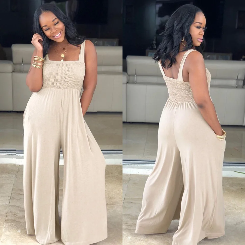 2021 New Style Female Wide Leg Jumpsuit Solid Color Square Neck Sleeveless Summer Loose Long Trousers Plus Size XXL |