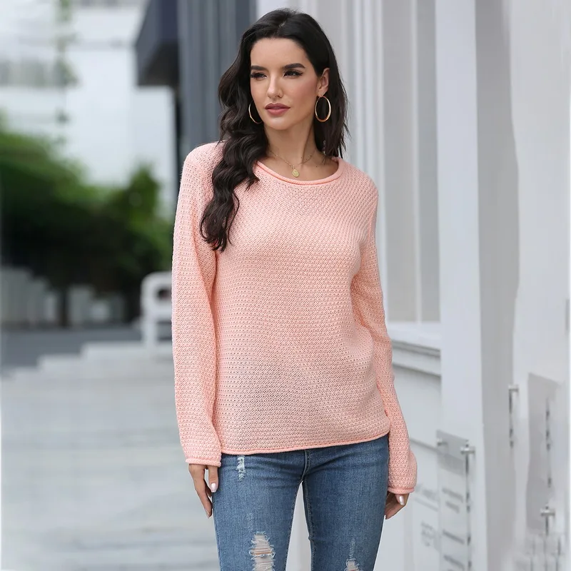 

Knitted Sweater Women Autumn Winter 2020 Jumpers Long Sleeve Crewneck Pullover Women Thin Knit Sweater Pink