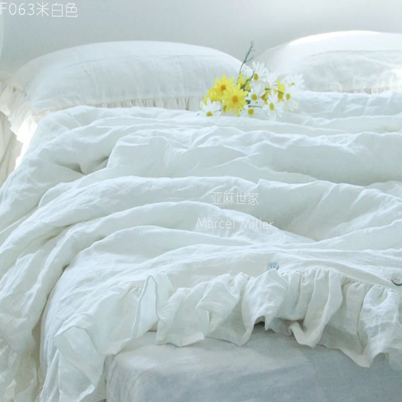 Льняная плоская простыня с двойными рюшами предварительно вымытая супер мягкая