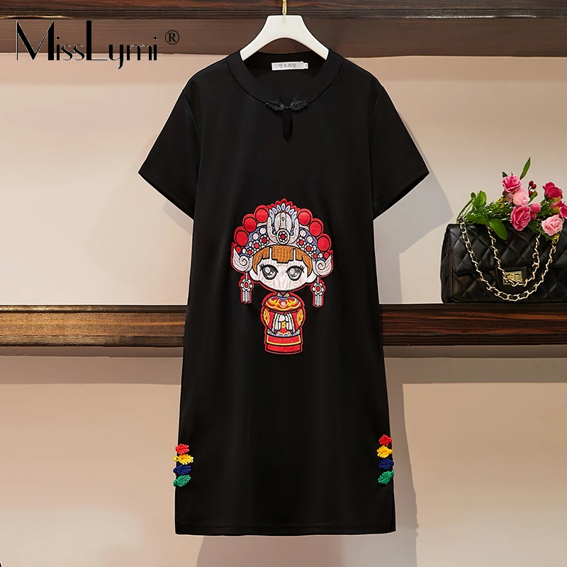 

M-4XL Plus Size Women Loose Casual Cartoon Embroidery Patch Dresses Black Summer 2021 Short Sleeve Vintage Chinese T shirt Dress