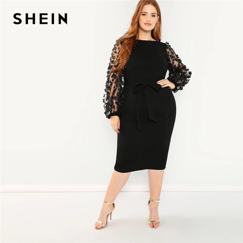 SHEIN Размера Плюс Платье Карандаш С Поясом Сетчатым Рукавом И 3D Вставкой Женские Романтические Элегантные Платья с Высокой Талией