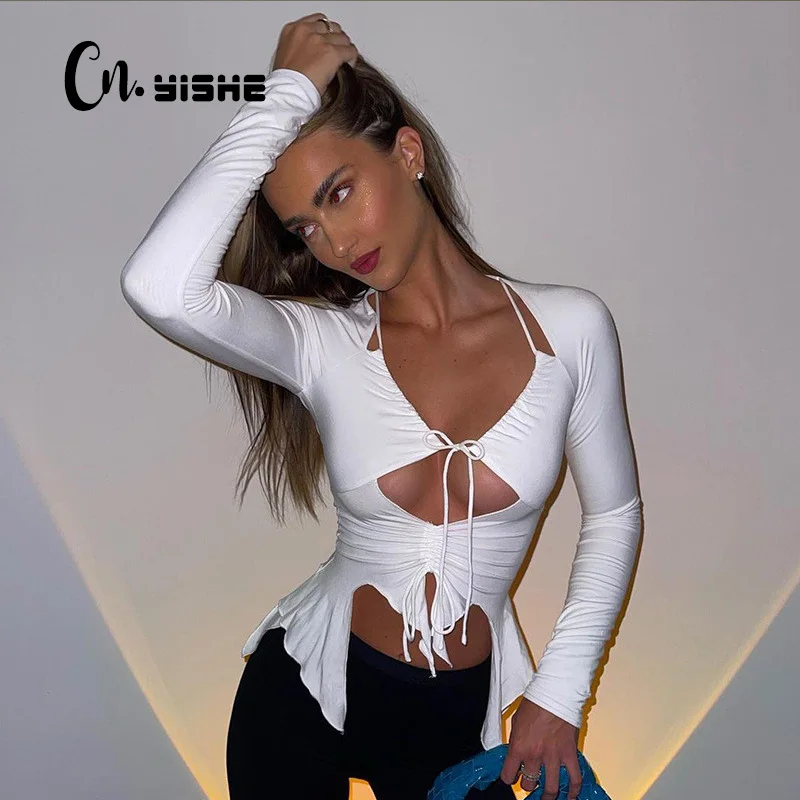 

CNYISHE Streetwear Sexy Basic T-shirts Tees Tops Women's Shirt Fashion Long Sleeve V-neck Regular T Shirt Female Winter Blusas