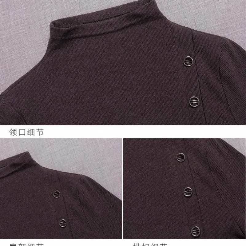 

Spring Korean Version of New All-match Button Decoration Western Style Long-sleeved T-shirt Women Plus Velvet High Collar Slim