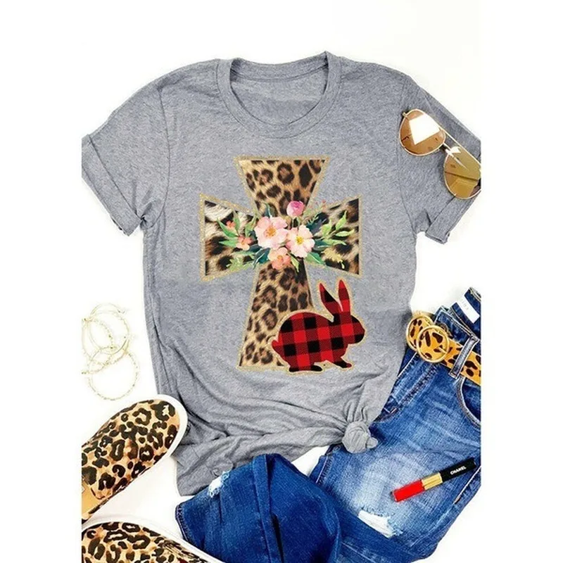 

Leopard Cross Plaid Bunny Print T Shirt Women Short Sleeve O Neck Loose Tshirt Summer Women Tee Shirt Tops Camisetas Mujer