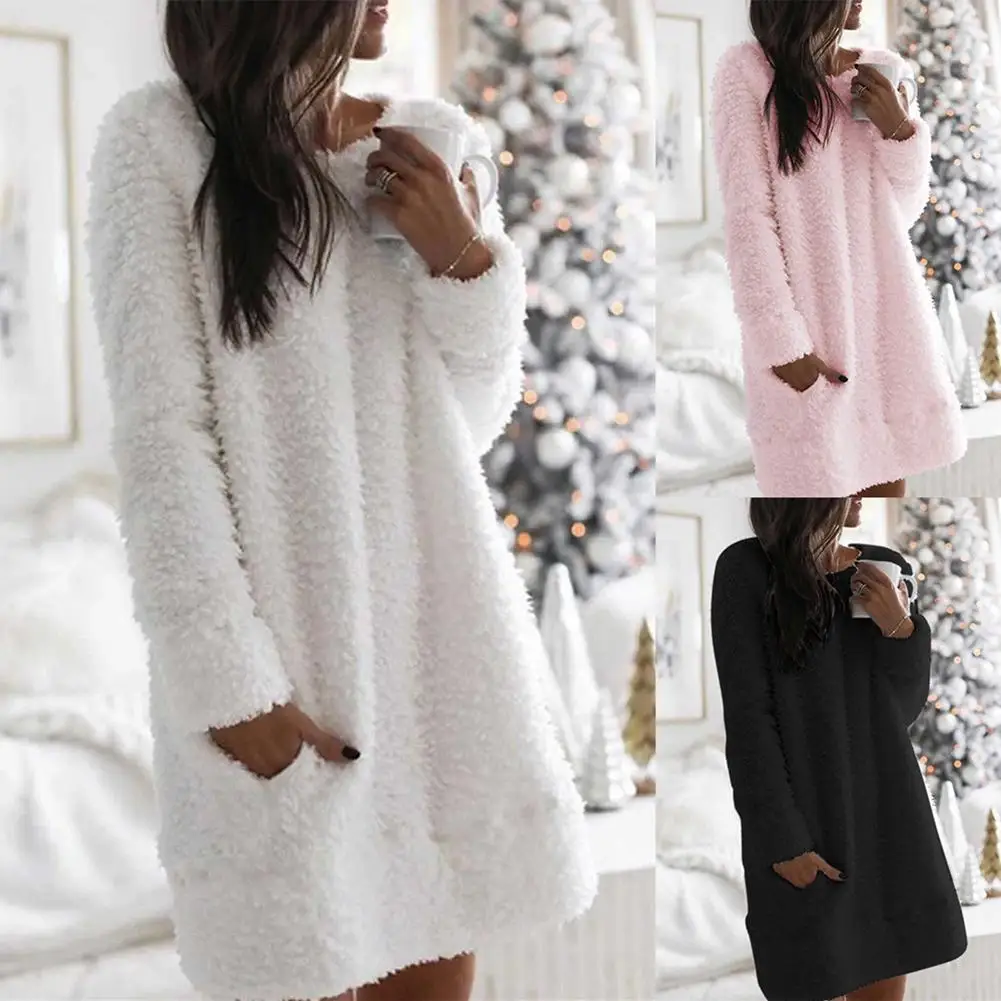 

2020 New Women Autumn Winter Solid Color Long Sleeve Pocket Plush Fleece Mini Loose Warm Slim Dress