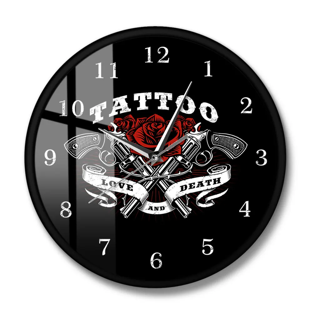 Tattoo Logo Printed Wall Clock Love And Death Rose Guns Studio Gothic Decor Art The Tattooist Gift | Дом и сад