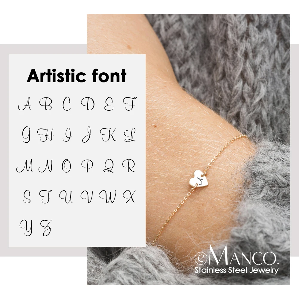eManco Engrave Artistic Font Alphabet Bracelet for Women 316L Stainless Steel Charm Bracelets Trendy Minimalist Heart Bracelet