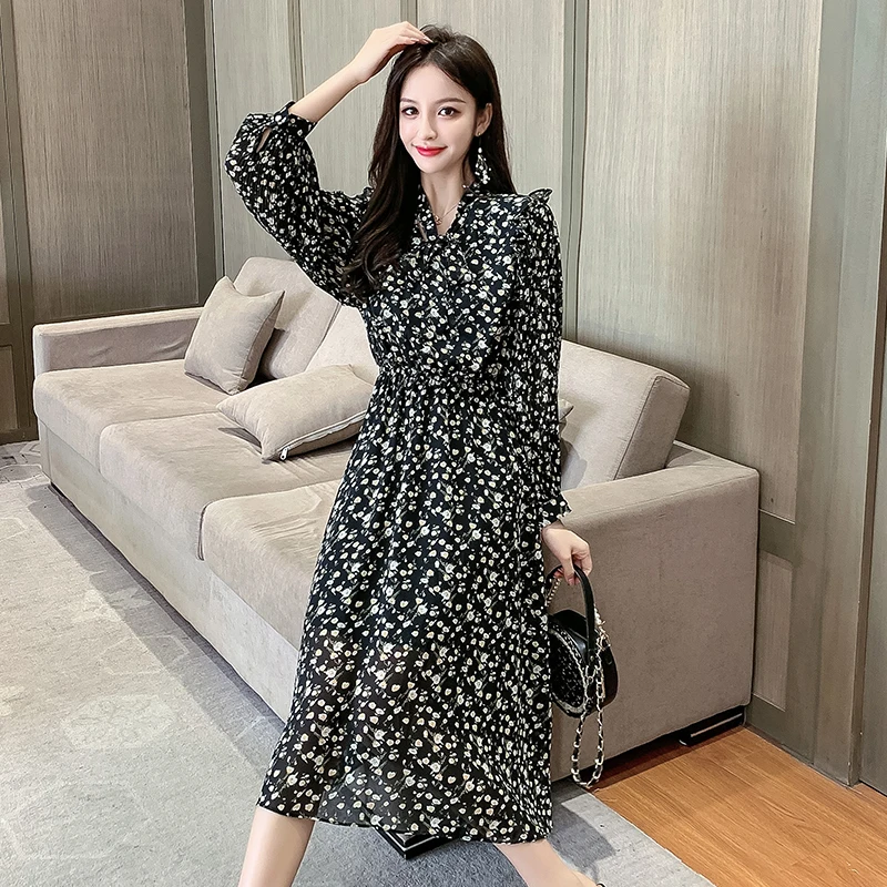 Новинка 2020 весеннее женское платье с цветочным рисунком длинным рукавом в