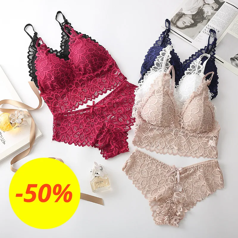 Комплект нижнего белья женский кружевной бюстгальтер и трусики бесшовный