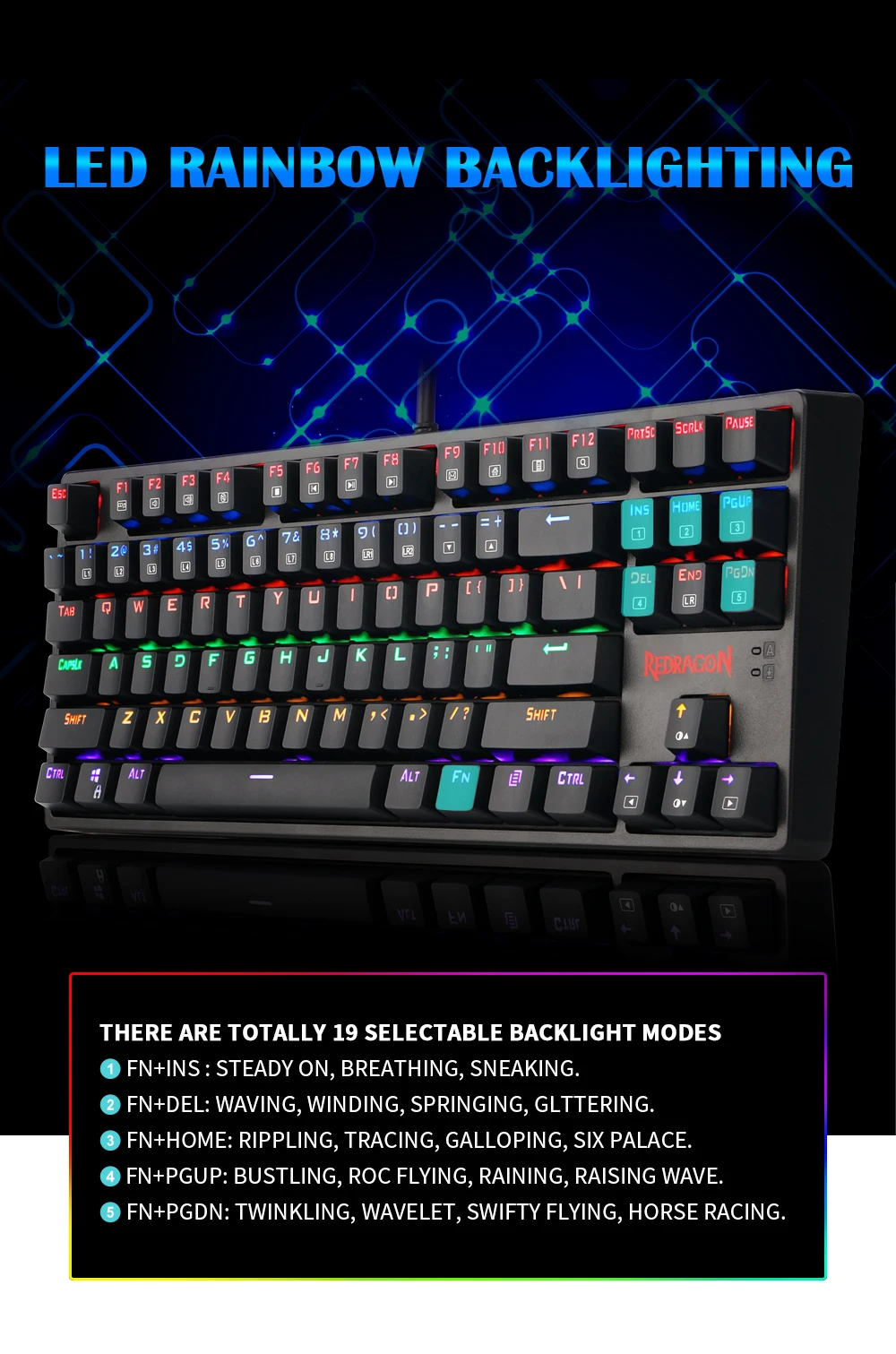 Redragon DAKSA K576 Радужная USB Механическая игровая клавиатура синий светодиодный переключатель с подсветкой 87 клавиш проводной ПК компьютерный геймер