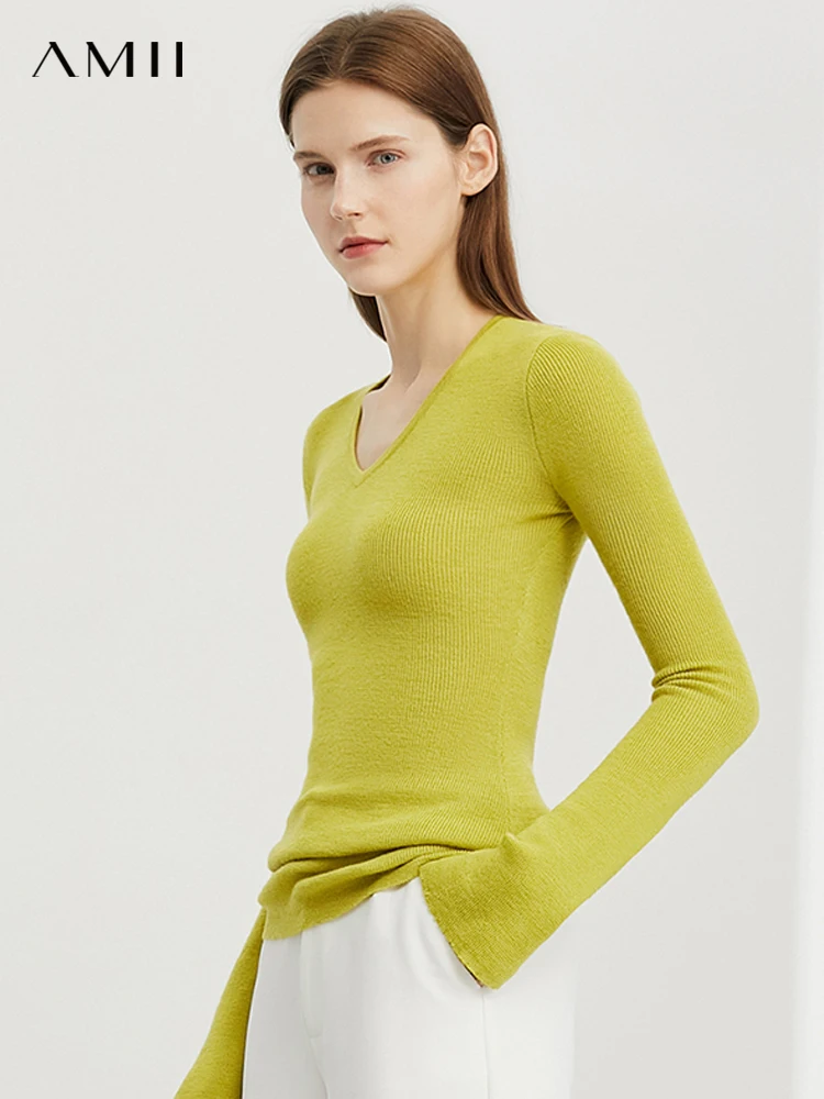 

AMII Minimalism Sweaters For Women Elegant Vneck Flare Sleeve Pullover Casual 100% Wool Knitted Tops Female Clothes 12140947