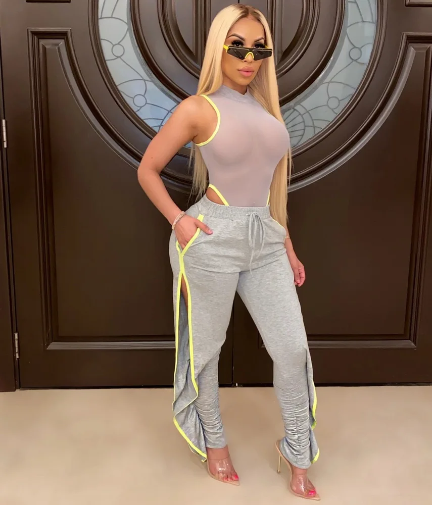 

Casual Stacked Joggers Women Hollow Out Summer Trousers Patchwork Ruched Flare Sweatpants