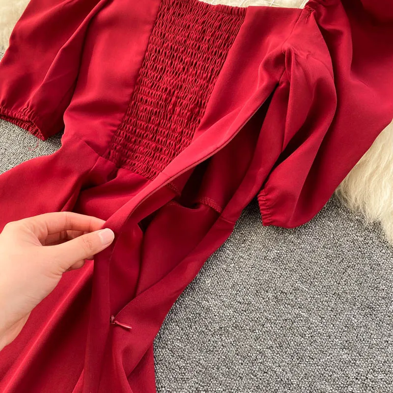 

Retro Women Dress Elegant Solid Square Collar Short Sleeve Dress Korean Summer Sexy Split Ruched Midi Dresses