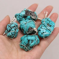 natural stone gem winding silver line turquoise pendant handmade crafts diy retro charm necklace jewelry accessories gift making