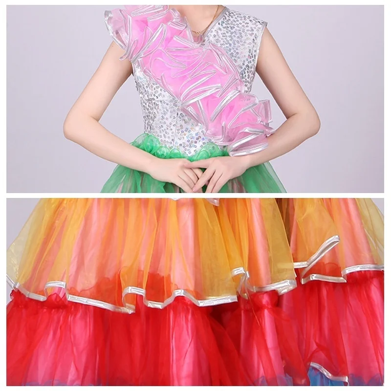 Испанское фламенко современное танцевальное платье разноцветное Сетчатое