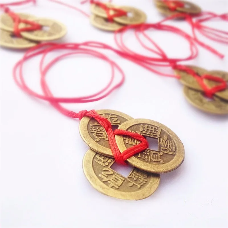 

Vintage 6 Coins Red Chinese Knot Copper Feng Shui Wealth Success Lucky Charm Home Car Hanger