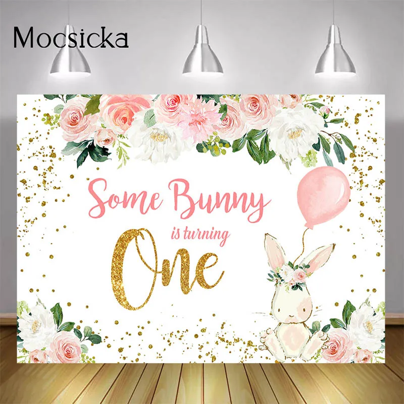 

Some Bunny is Turning One Theme Party Backdrop Newborn Rabbit 1st Birthday Background Gold Dots Fresh Flowers Balloon Photocall