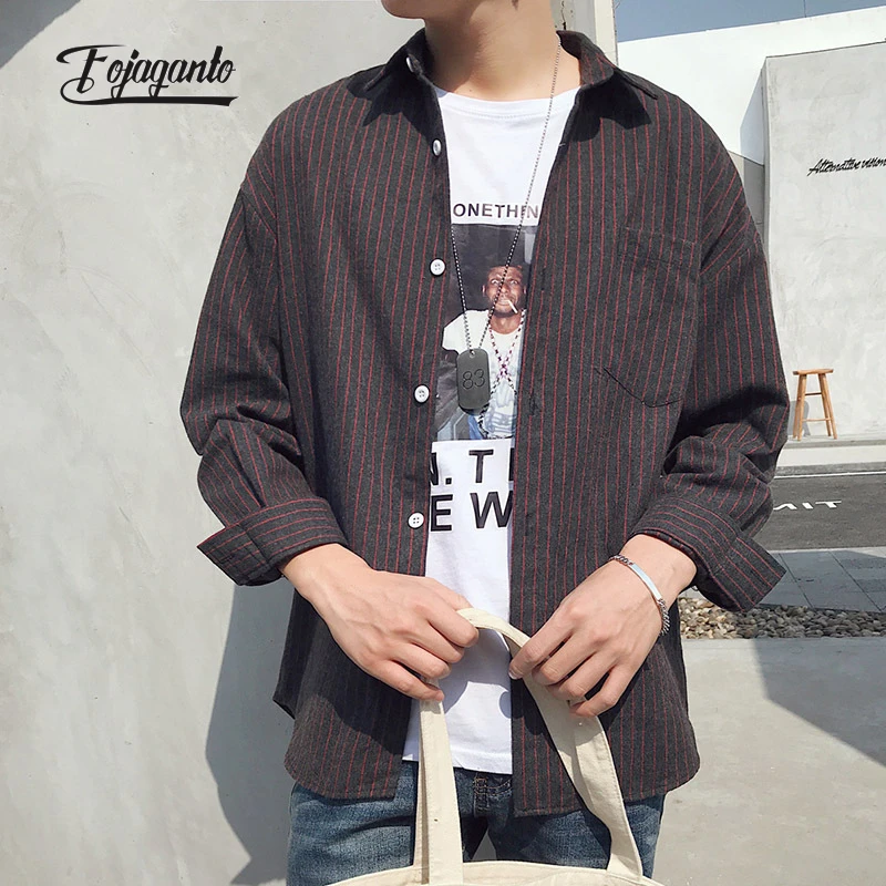 

FOJAGANTO 2021 Men's Japanese Shirt Spring and Autumn Casual Tide Brand Shirt Striped Long-Sleeved Shirt Men