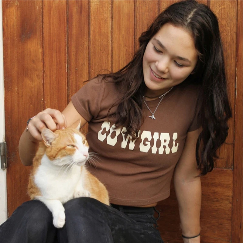 

Insta-style Summer 2021 New Round Neck, Short, Tight Letterprint T-shirt for Women Harajuku Vintage Grunge Aesthetic
