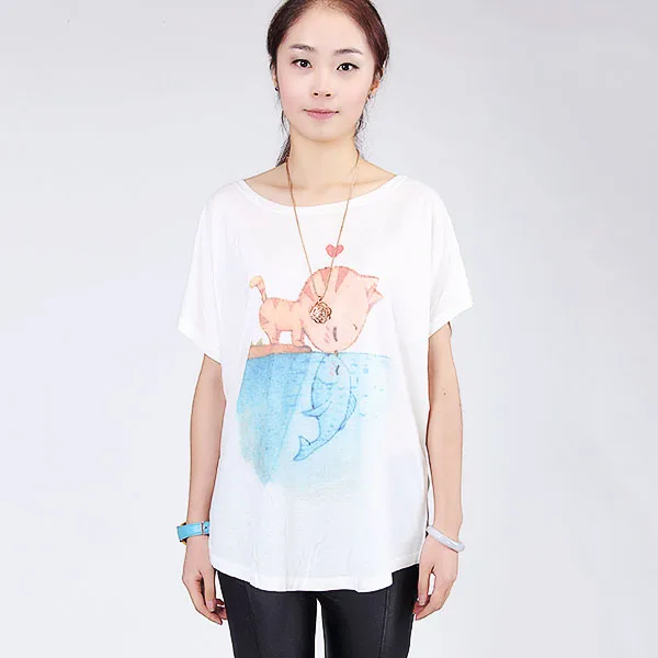 Модная женская Свободная хлопковая футболка с коротким рукавом и принтом кошек