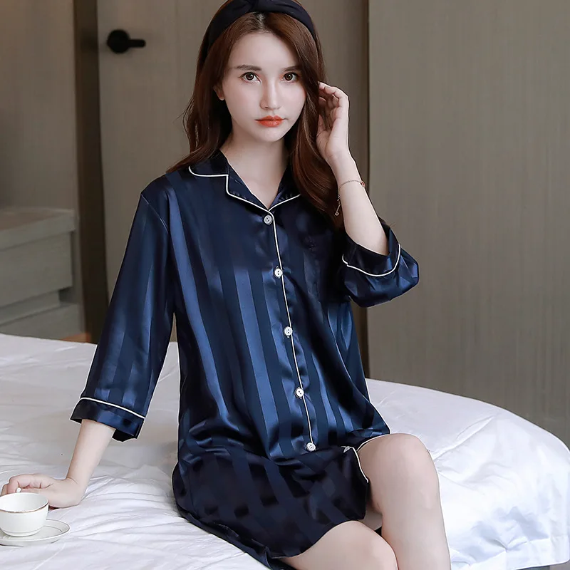 

Summer Casual Simple Polka-dot Striped Female Nightdress Lapel Buckle Three-quarter Sleeve Polyester Home Wear Sexy Sleepwear