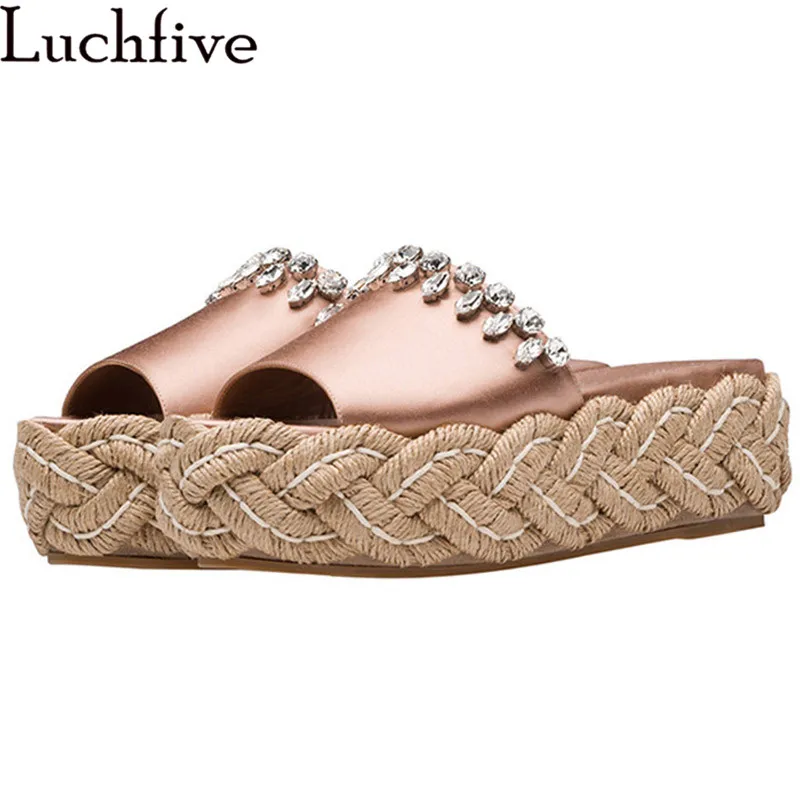 Шлепанцы женские на толстой платформе высокий каблук танкетка сатин шелк