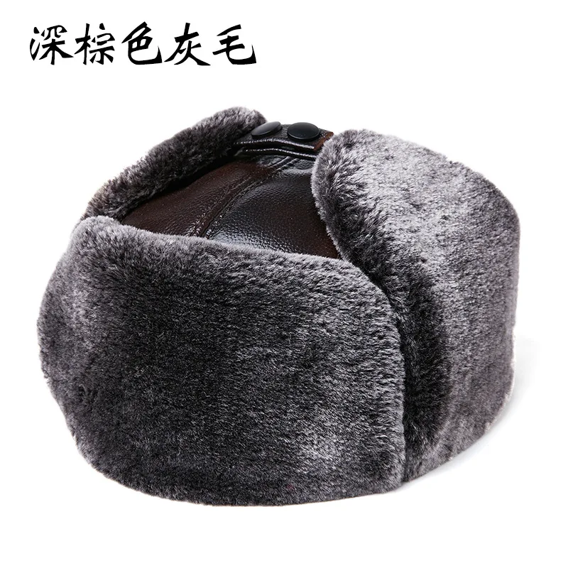 Ushanka Men Winter Thick Warm Outdoor Earmuff Cotton Cap Old Man Genuine Cow Leather Cowhide Warm Fur Hat