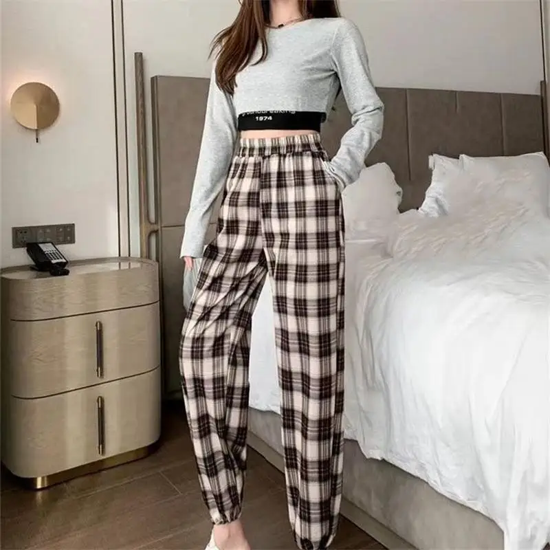 

Брюки женские в клетку, повседневные свободные штаны с широкими штанинами, прямые брюки с завышенной талией и завязками, уличная одежда в ст...